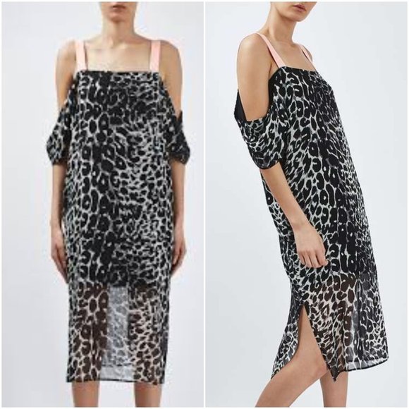 20. Topshop leopard print silk black dress cold shoulder Size 2 - Picture 1 of 9